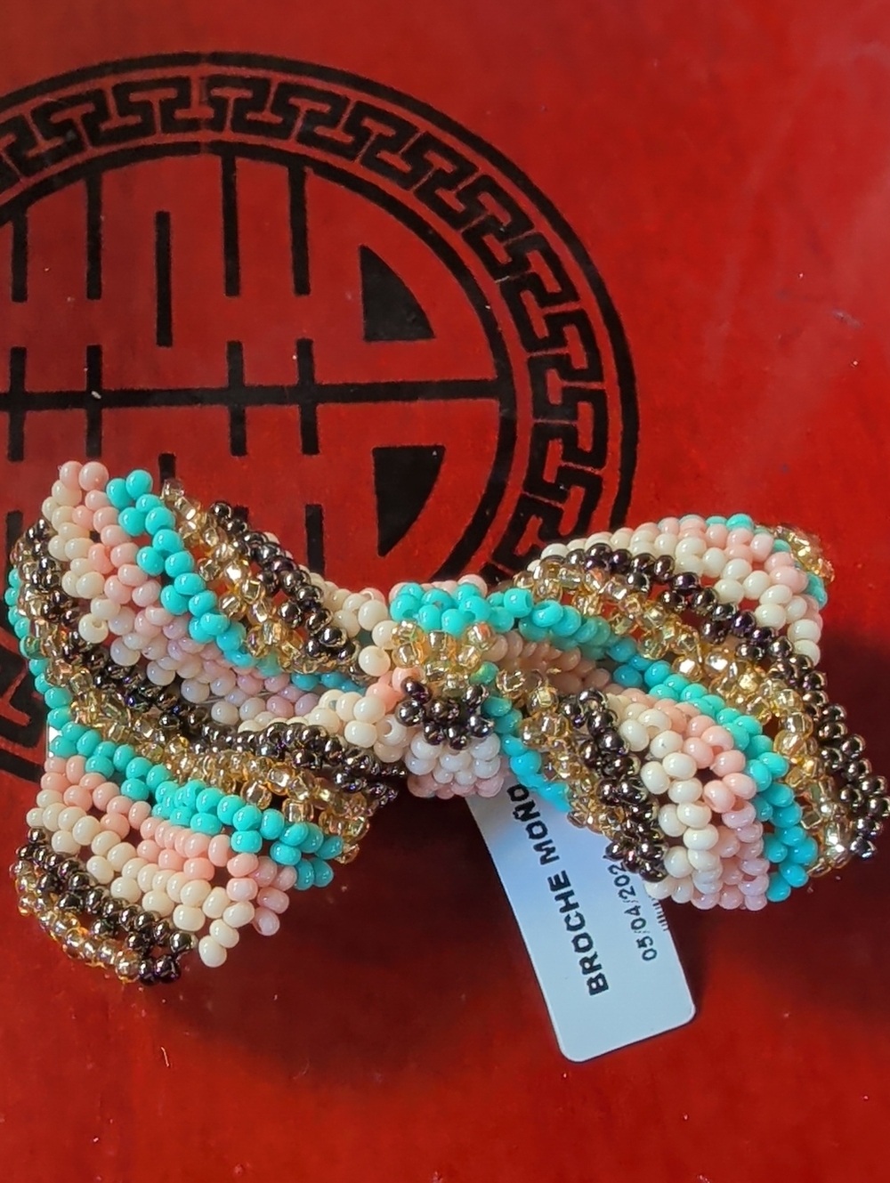 Beaded Bow Hair Clip in Turquoise, Peach & Gold